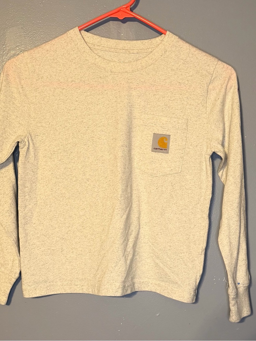 Carhartt long sleeve pocket tee in a light heather gray color, size Small (8).